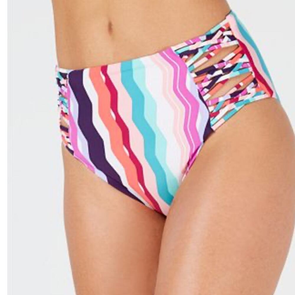 Bar III Women's Multi Color Waves Strappy High-Waist Bikini Swim Bottoms sz S